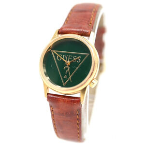 Vintage 1993 Guess Watch 25mm Green Gold Tone Brown Leather Strap w New Battery